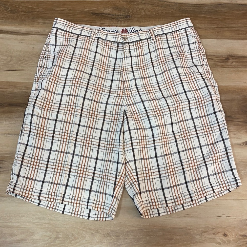 Tommy Bahama Shorts Men 38 Plaid Linen Silk Blend Flat Front Cream Brown Coastal